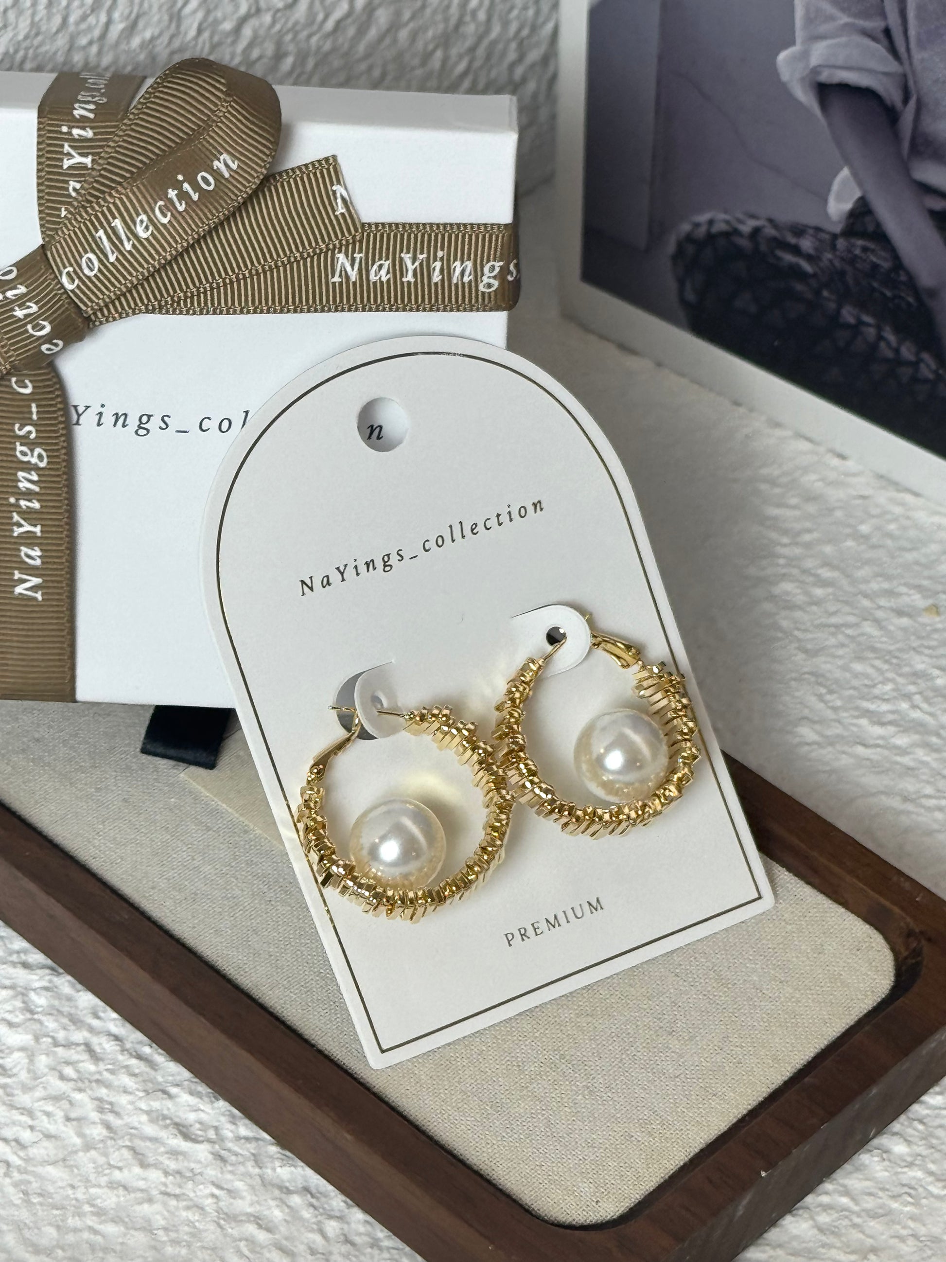 Shiny Gold Pearl Hoops in Gold
